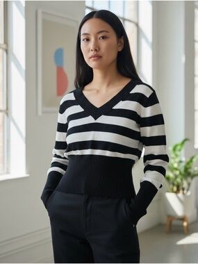 Black and White Double V-Neck Striped Sweater